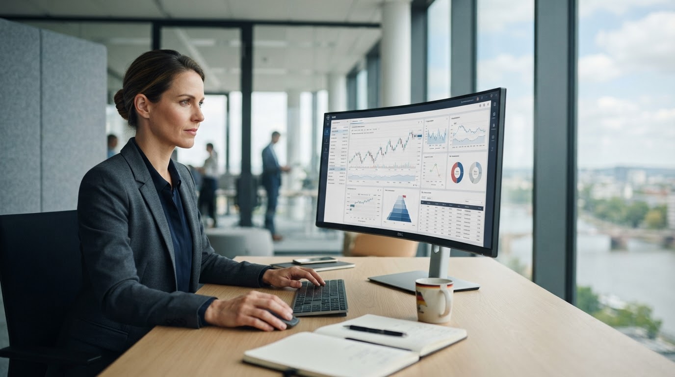 Eine Geschäftsfrau betrachtet Finanzdiagramme auf einem breiten Monitor